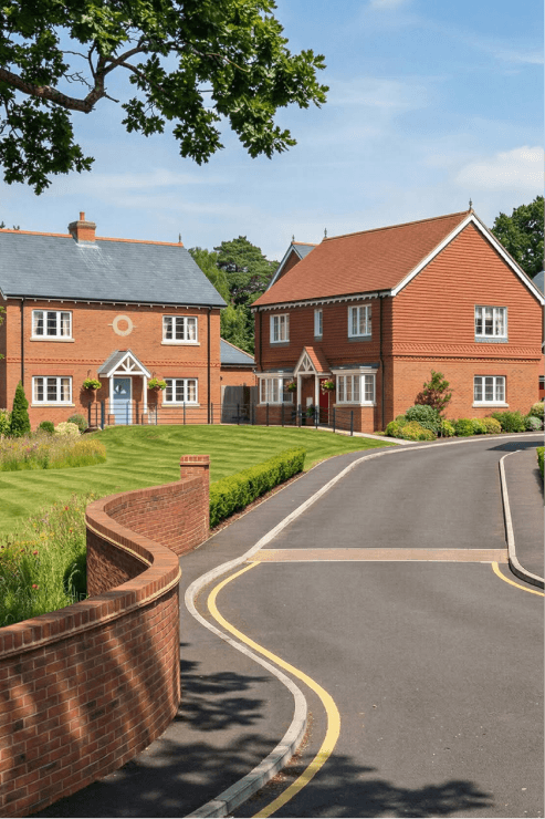 Two detached brick new-build houses with tiled roofs, featuring a curved brick wall and a driveway on a sunny day