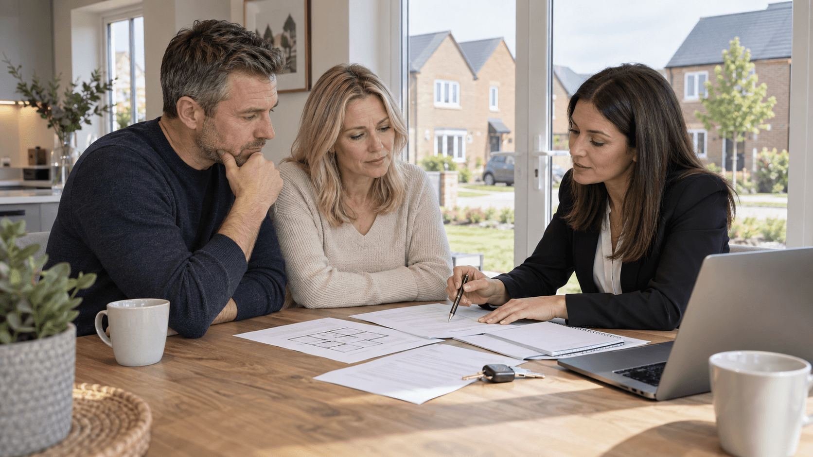 A sales advisor discusses floor plans and documents with a couple at a new-build property show home table