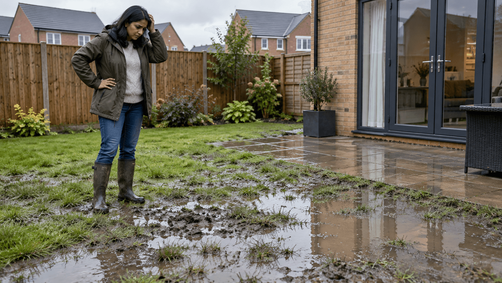 Worried homeowner in wellies standing in a waterlogged, muddy garden outside a new-build house