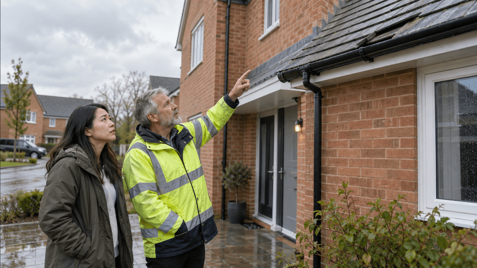 Site manager in high-visibility jacket pointing to the roof of a modern brick house while speaking to a potential buyer