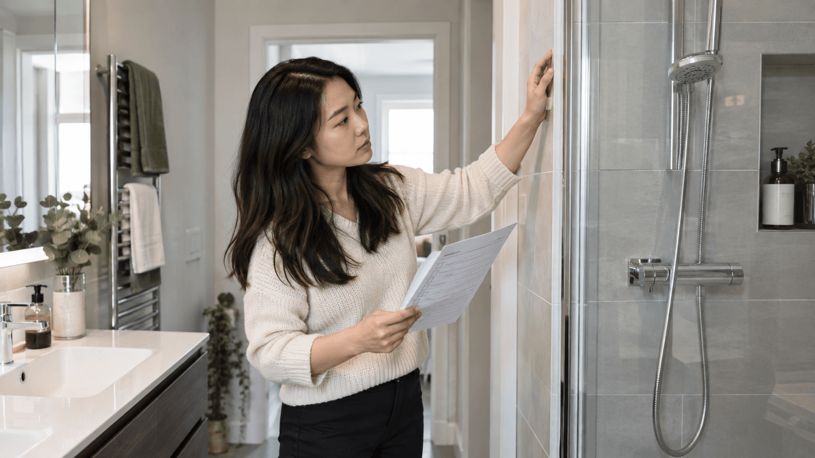 Person holding a snagging list checking the tiled shower area in a modern bathroom of a new-build home