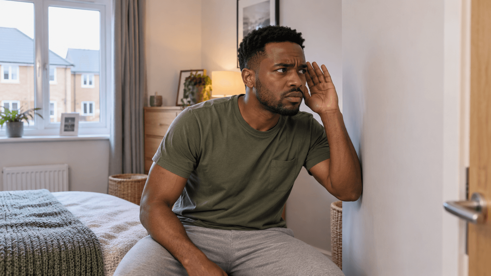 Young man in a modern bedroom interior listening intently at a wall, with new-build houses visible through the window
