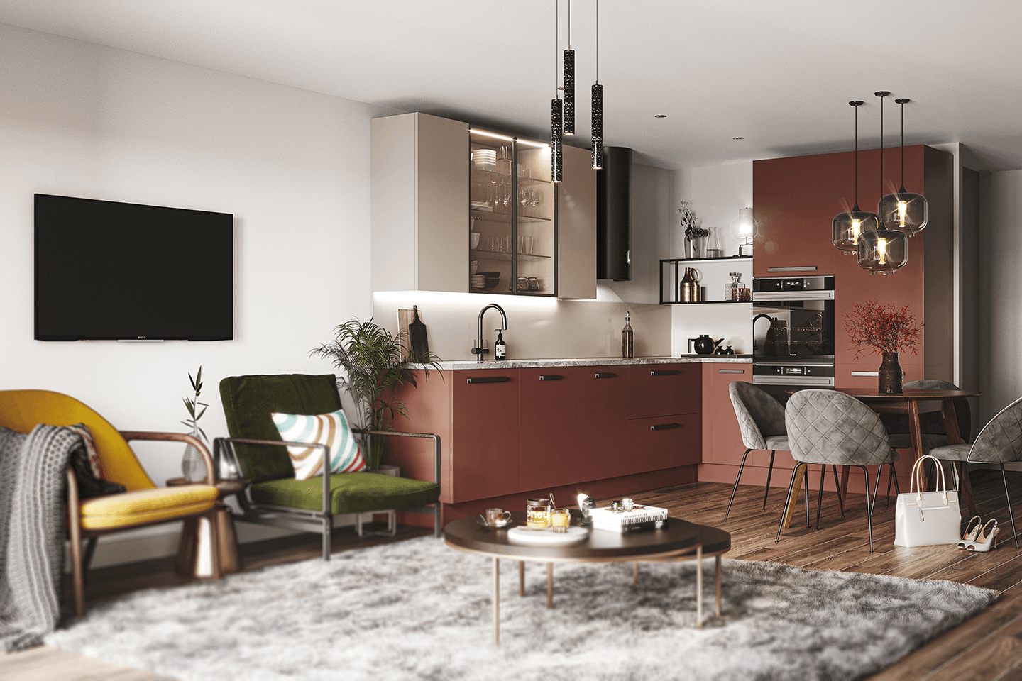 Open-plan kitchen and living area featuring terracotta cabinets, a dining set, and colourful lounge chairs on a rug