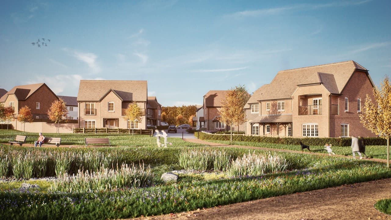 Architectural rendering of Bargate Homes' Whiteparish residential development featuring new houses and landscaped garden