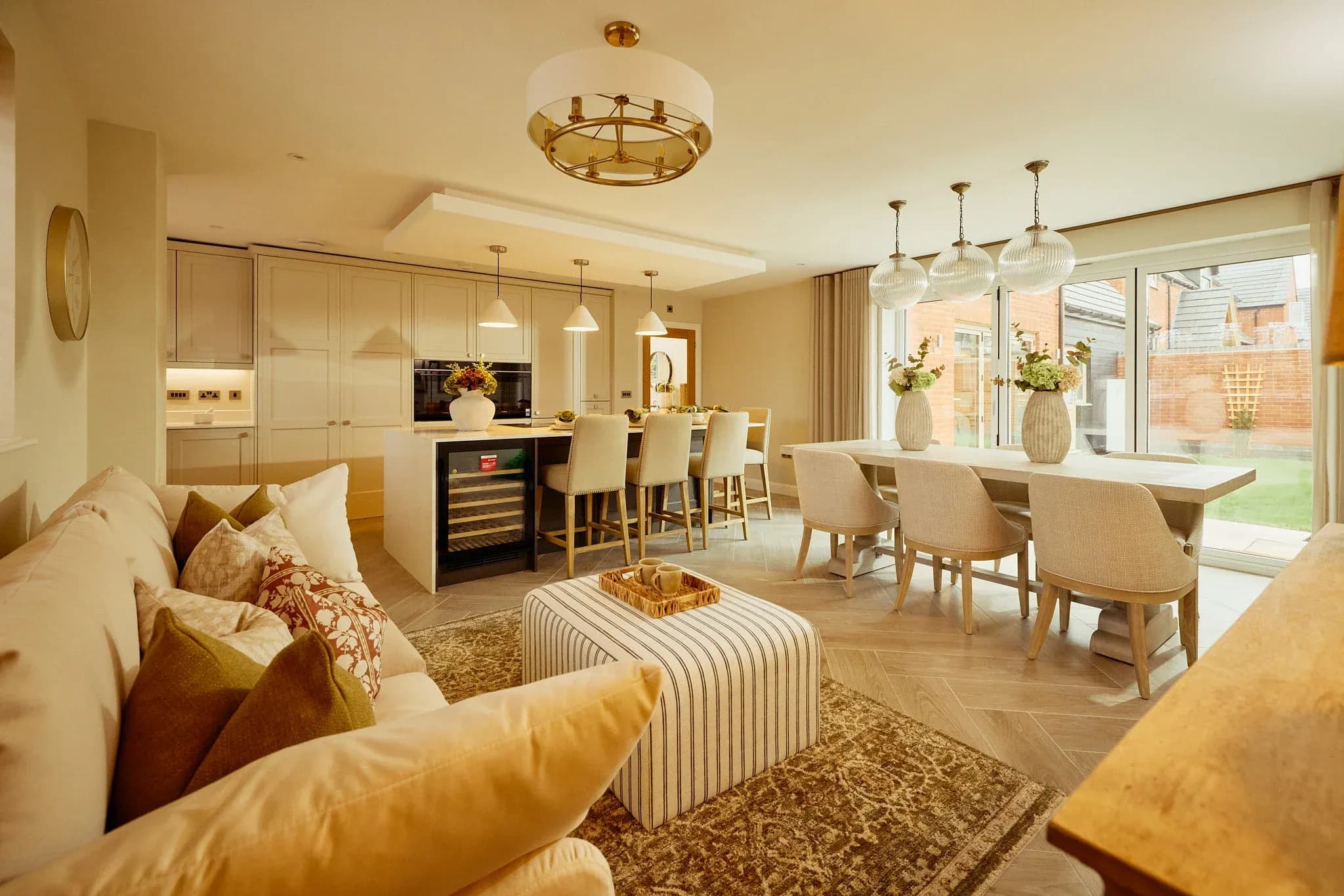 Modern open-plan kitchen, dining, and living area in a Cameron Homes property with neutral decor and herringbone floorin