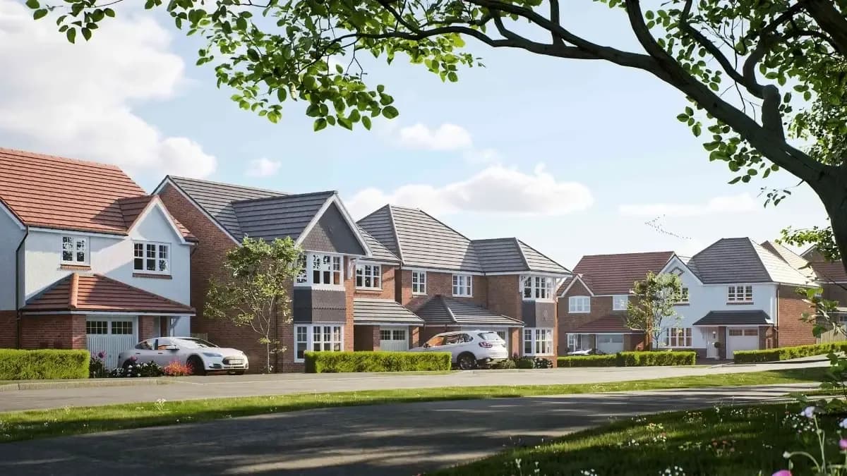 CGI rendering of a new residential development with detached brick houses, gardens, and parked cars in Cheshire