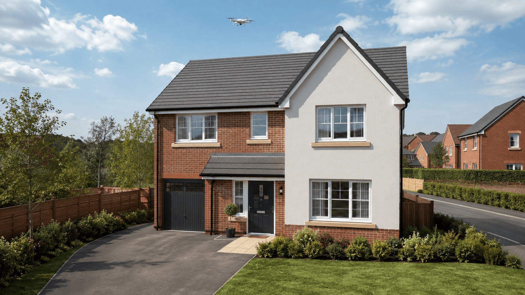 Modern brick and rendered detached house in a new-build development with a drone visible in the sky above