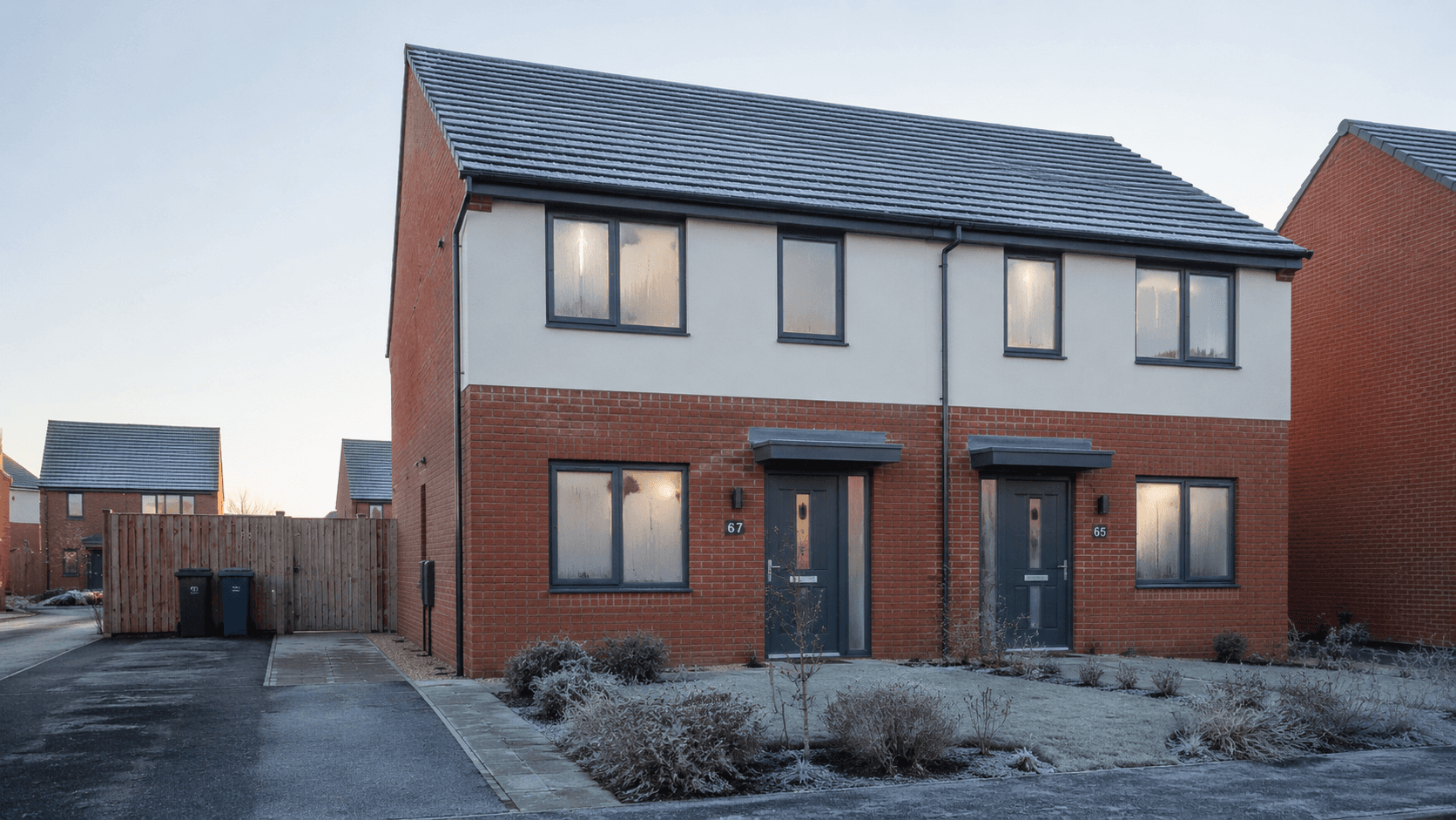 Semi-detached new-build houses with red brick and white render, featuring grey frames and frosty gardens