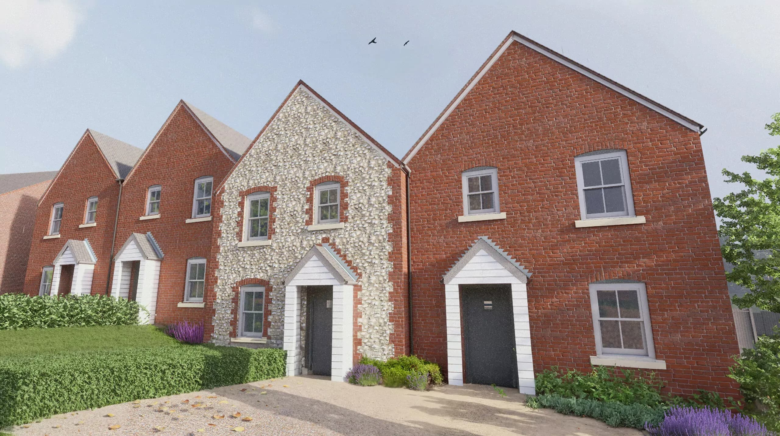CGI exterior of terraced new-build houses featuring red brick and flint stone facades with grey gabled porches
