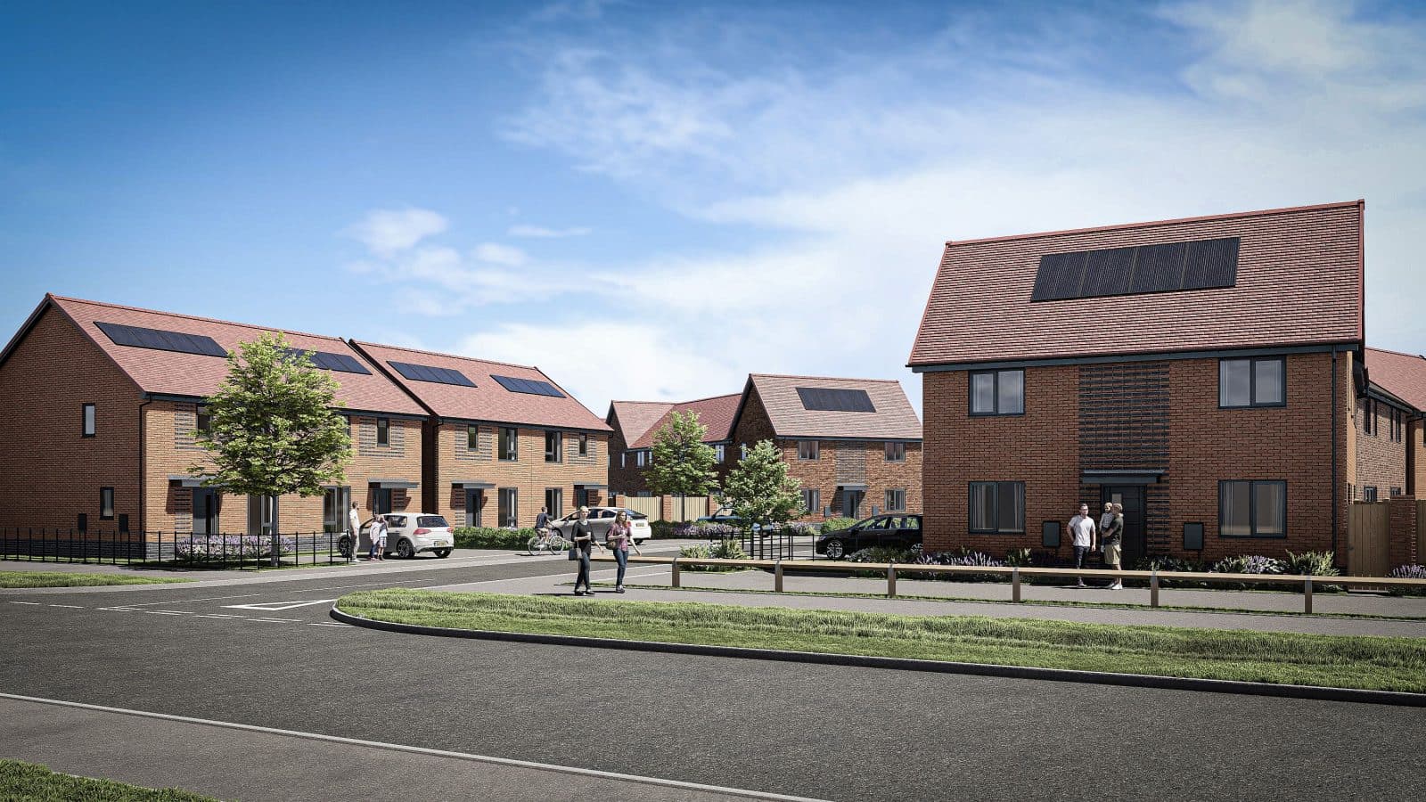 CGI of a new-build housing development featuring brick houses, solar panels, residential streets, and pedestrians