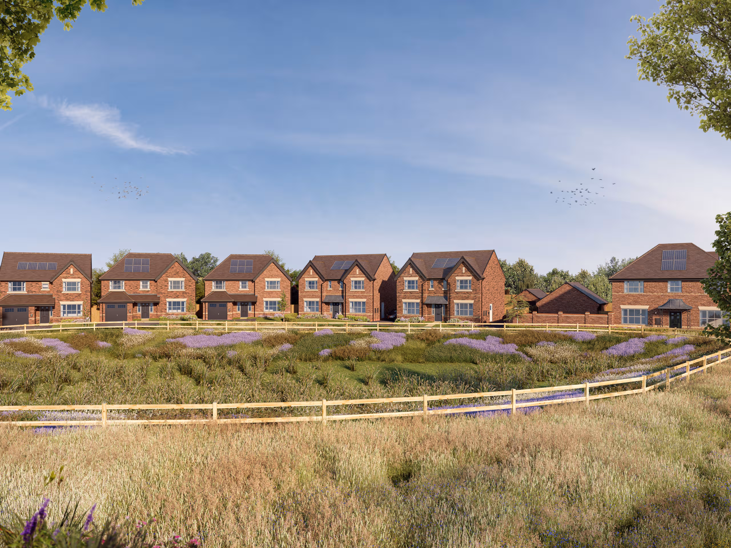 CGI rendering of a row of modern detached brick houses overlooking a wildflower meadow with a wooden post and rail fence