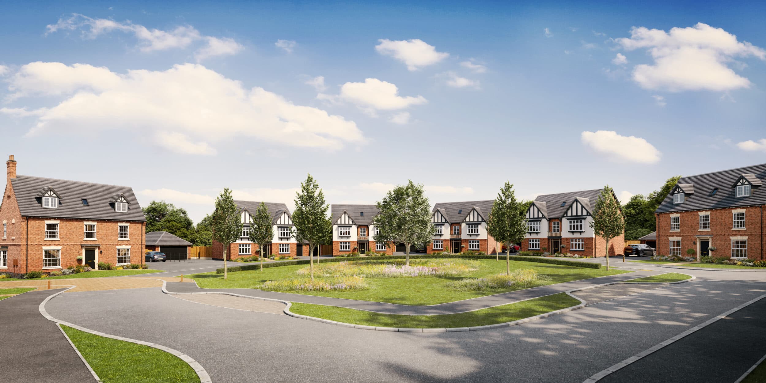 CGI street scene of a new-build residential development with brick houses surrounding a central green space