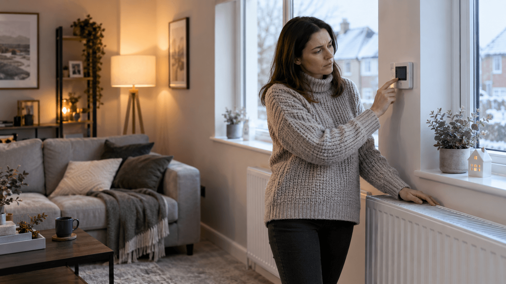 Woman in a knitted jumper adjusting a smart thermostat in a modern, cosy living room with snow visible outside