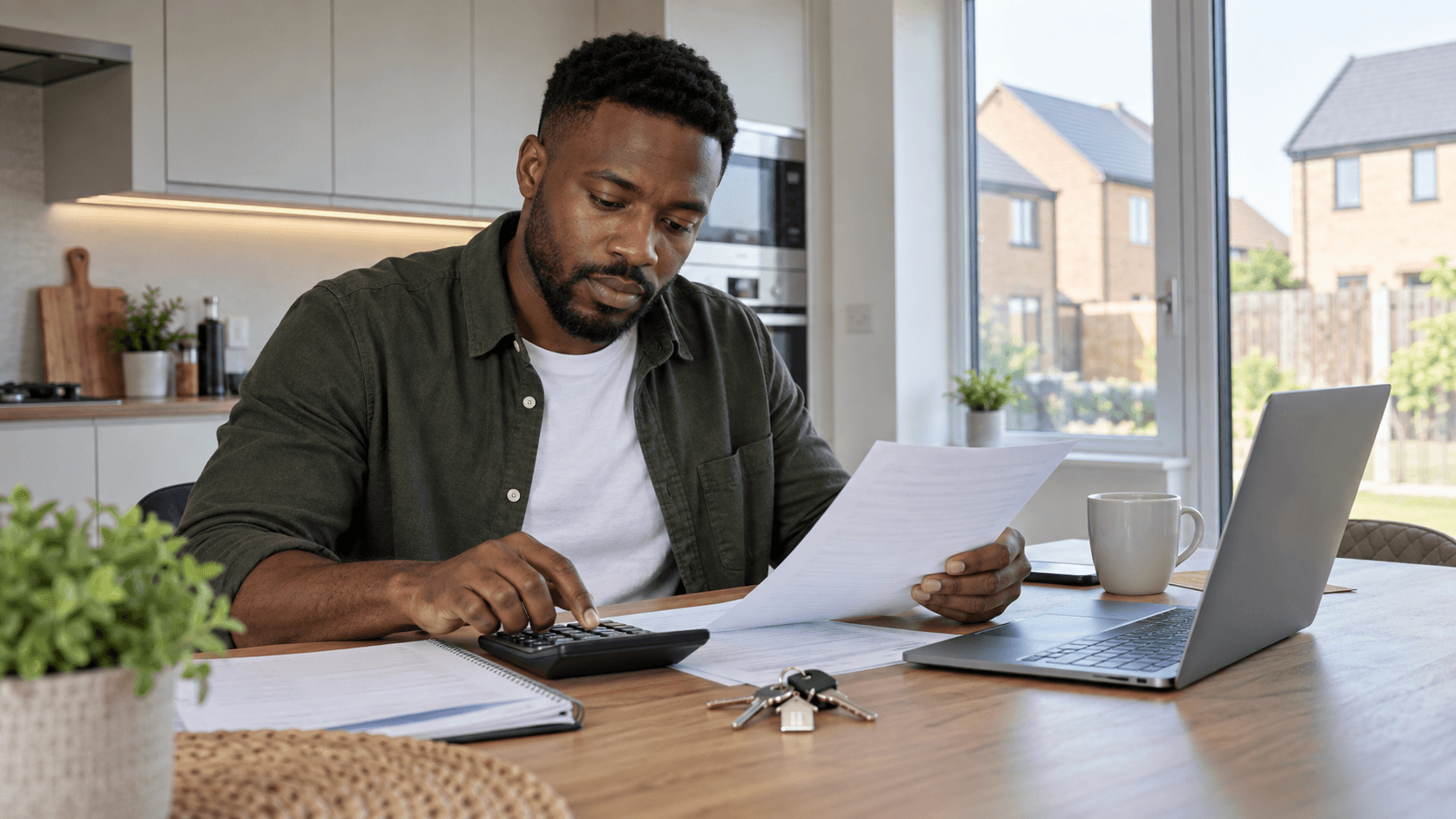 Man sitting at a kitchen table in a new-build home using a calculator and reviewing documents with house keys nearby