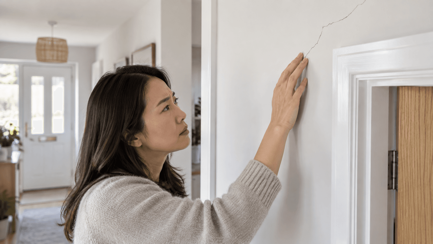 Concerned homeowner inspecting a crack on a plaster wall in a modern hallway