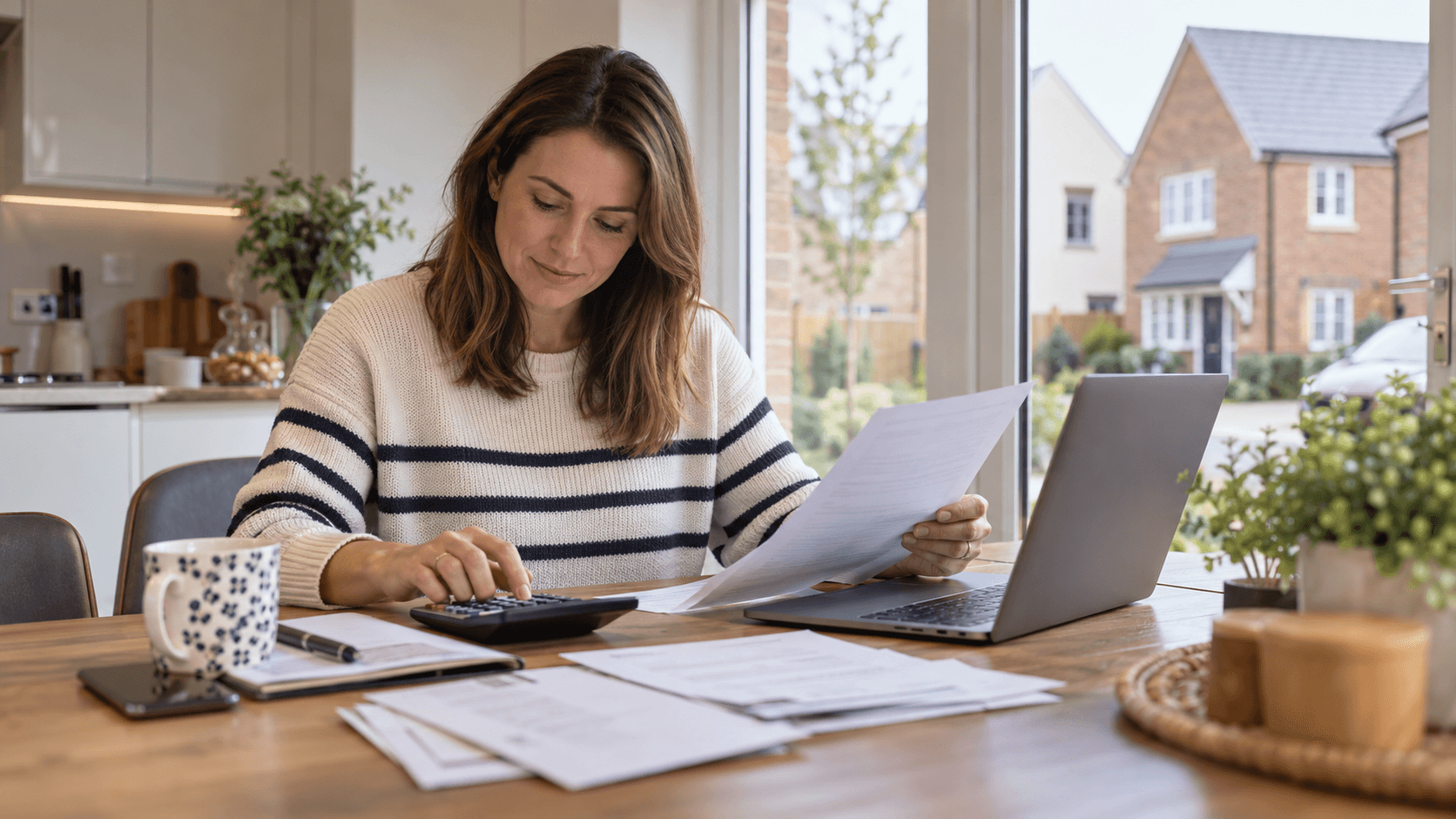 Woman sitting at a kitchen table in a new-build house, using a calculator and reviewing paperwork with a laptop nearby