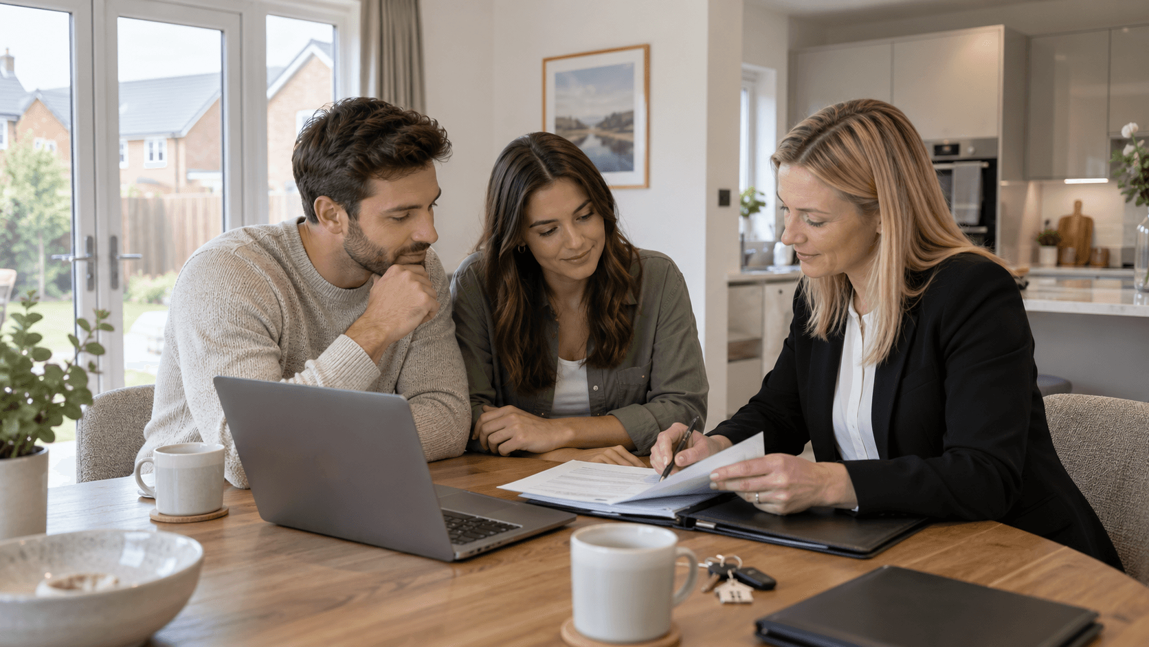 Couple discussing paperwork with a sales advisor in a modern new-build home showroom