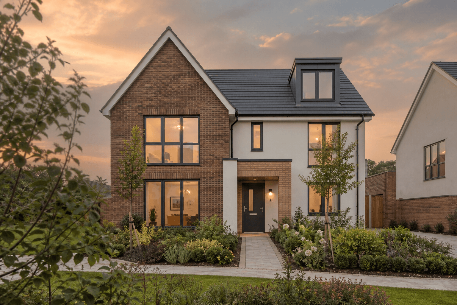 A contemporary UK new-build house at dusk