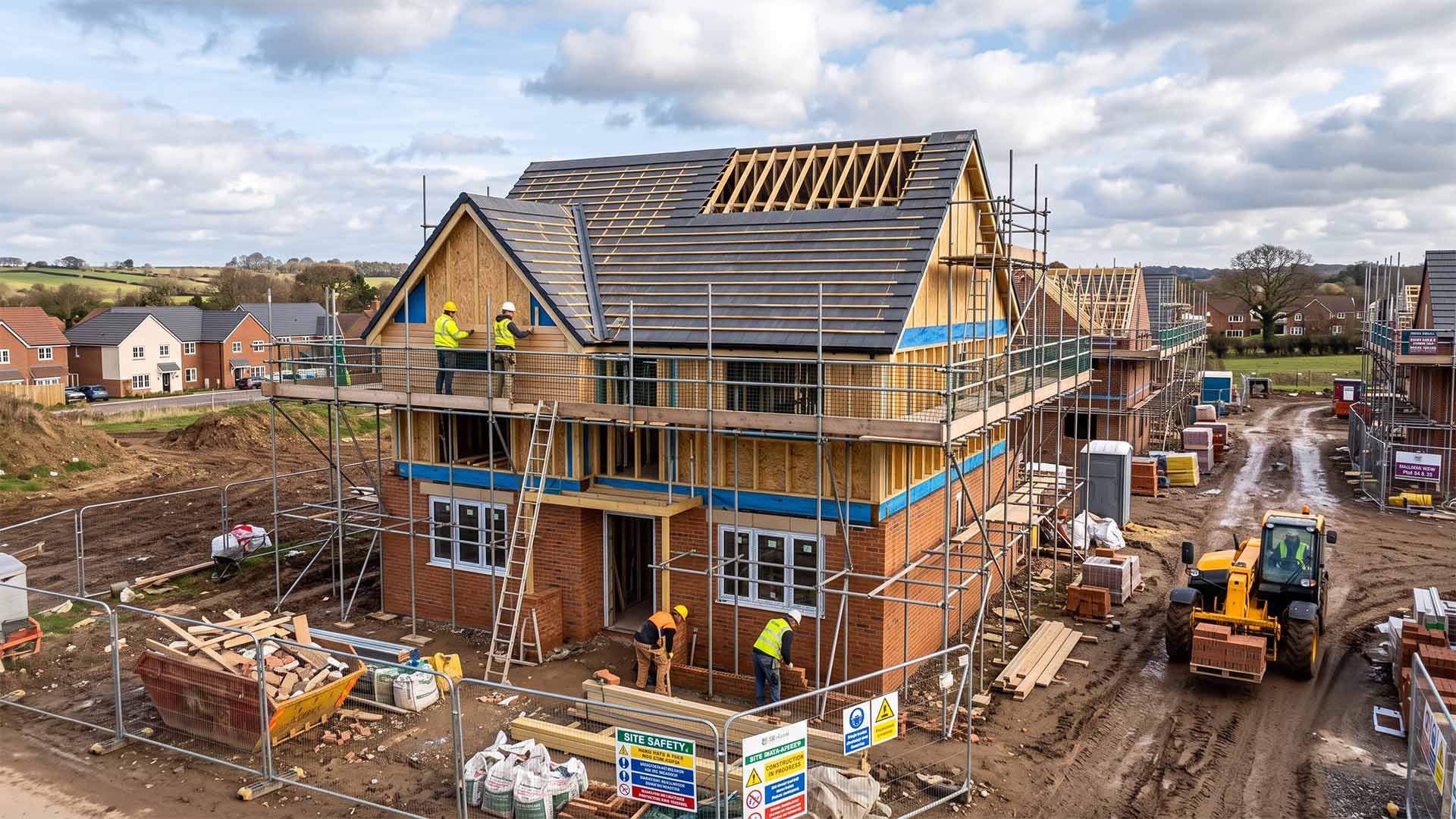 Construction workers on scaffolding around a partially built brick house at a UK residential development site