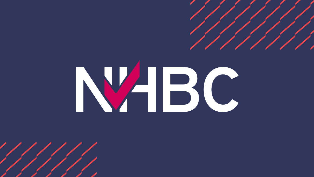 NHBC logo on a dark blue background with red diagonal accent lines