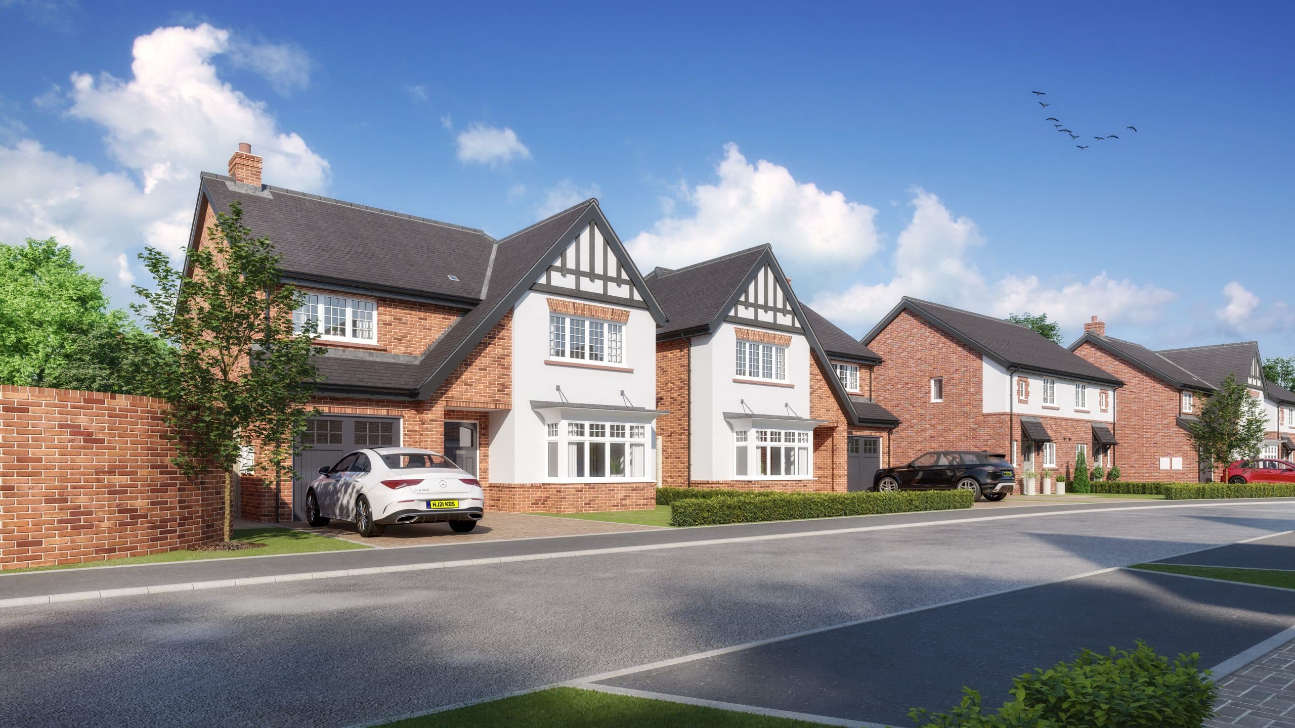 CGI street view of modern new-build detached houses with brick and white render finishes under a blue sky