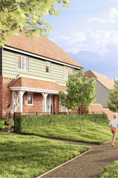 Exterior view of a modern detached new-build house with light green cladding, red brick, and a tiled porch entrance
